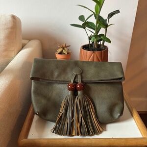 Anthropologie Green Clutch Purse with Tassel Fall Boho Going Out Olive Forest